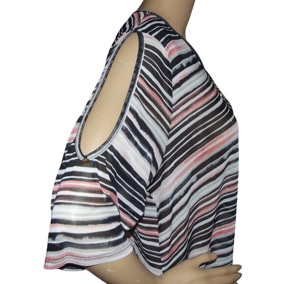 Robert Louis Blouse Womens XL Cold Shoulder pink black striped v-neck mesh sheer - Picture 4 of 8